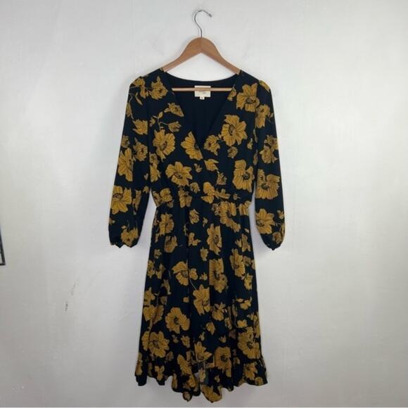 Reset by Jane Black Yellow Gold Floral Ruffle Dress Size Medium - Picture 2 of 15